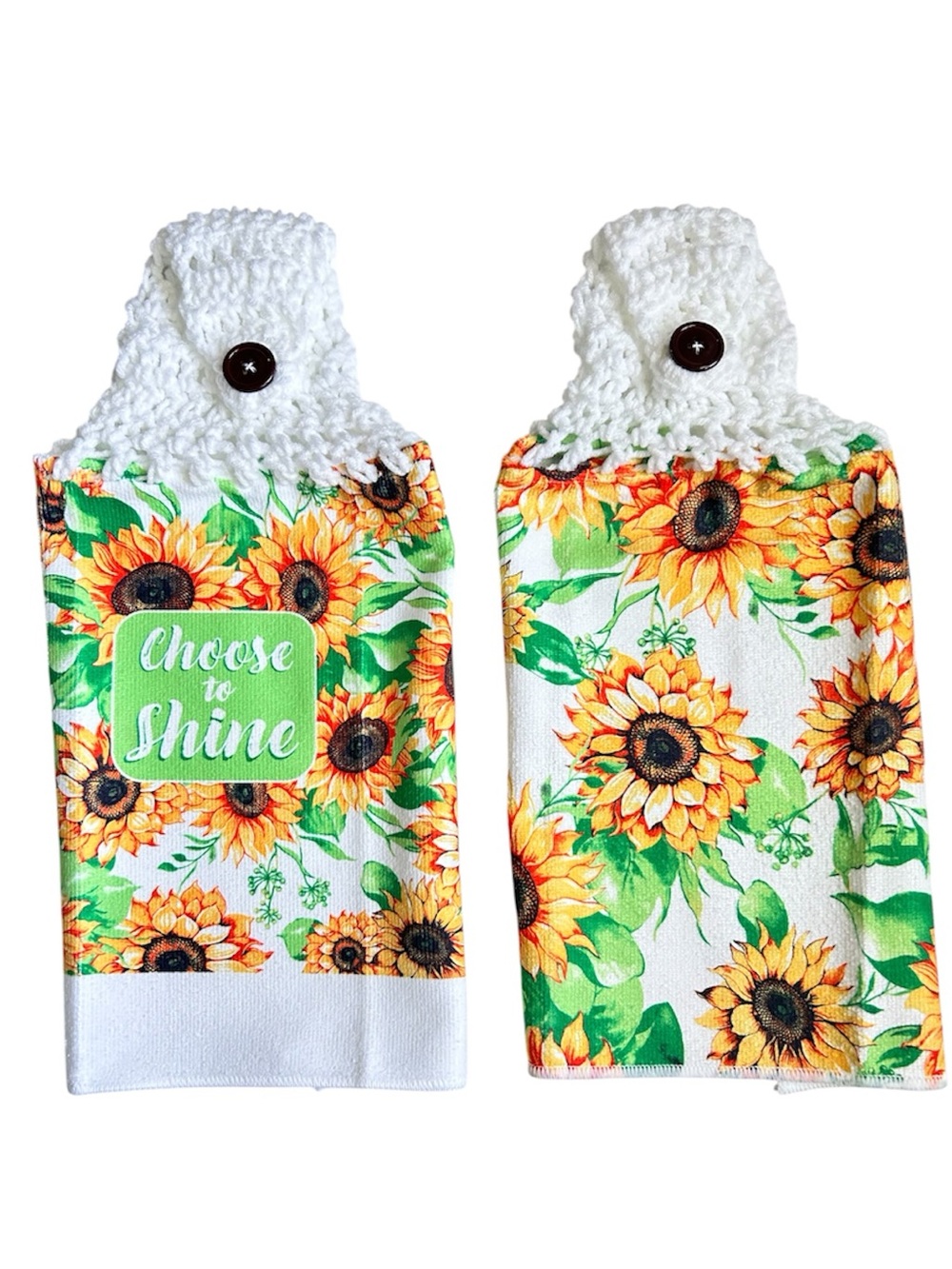 Hand Crafted Sunflower Hanging Kitchen Towels - White, Yellow & Green